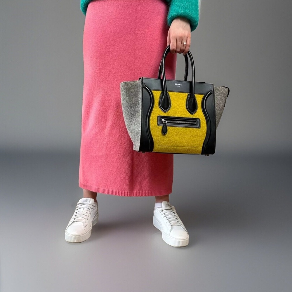 Céline Yellow, Grey, Black Leather & Wool Felt Micro Shopper Tote Fall 16’